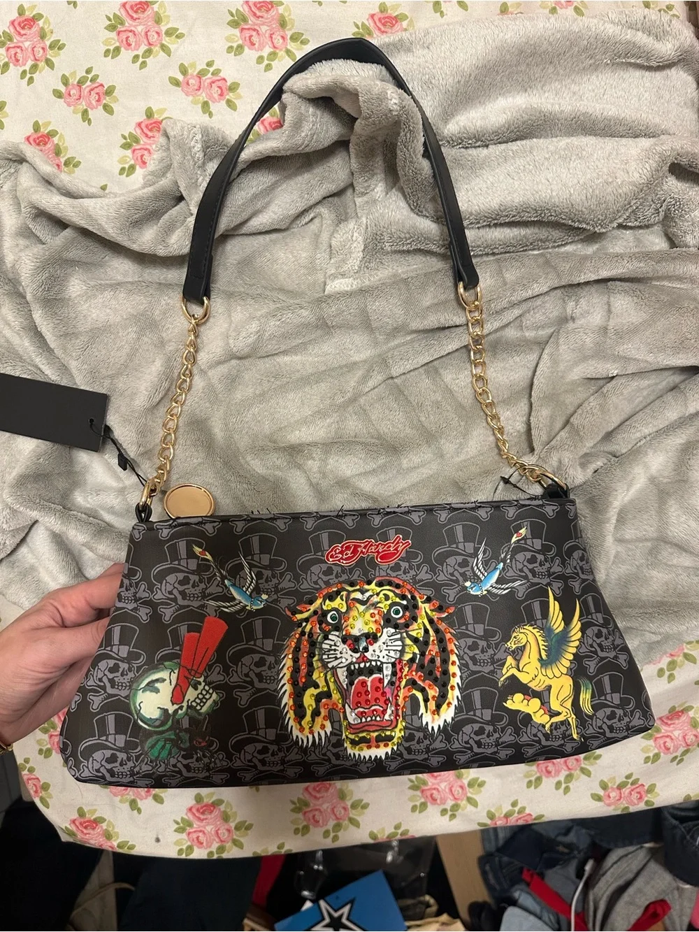 Ed Hardy Black Satchel with Multicolor Tiger and Yellow Pegasus / brand new